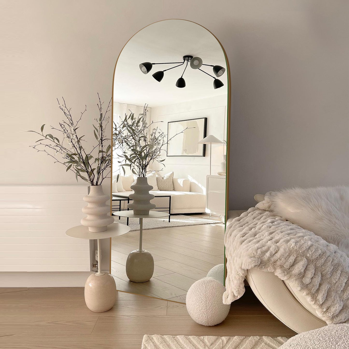 Wood Arched Full Length Mirror with Stand, Floor Mirror