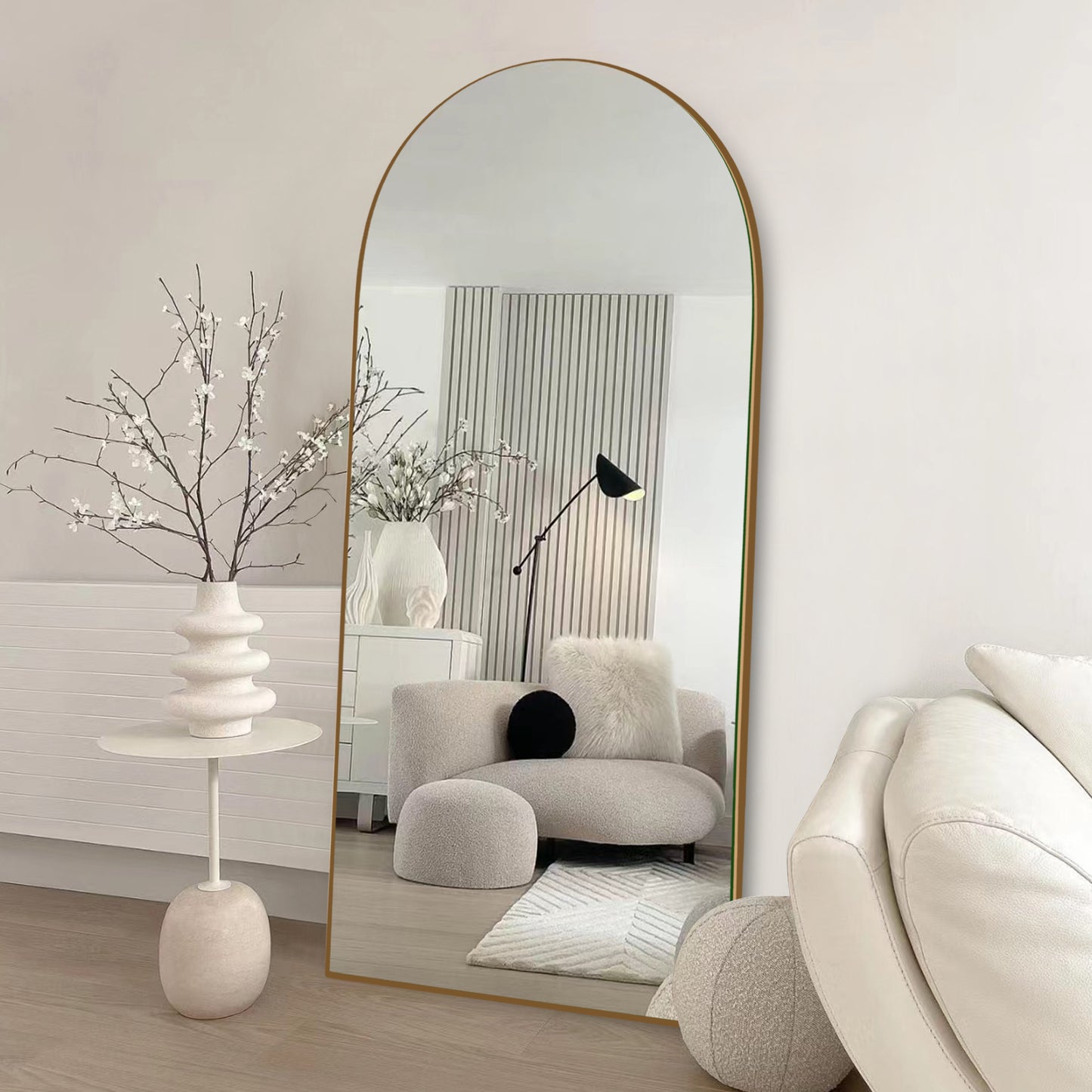 Wood Arched Full Length Mirror with Stand, Floor Mirror