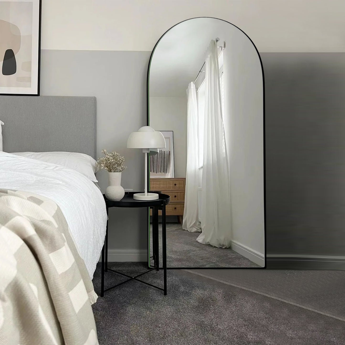 Wood Arched Full Length Mirror with Stand, Floor Mirror