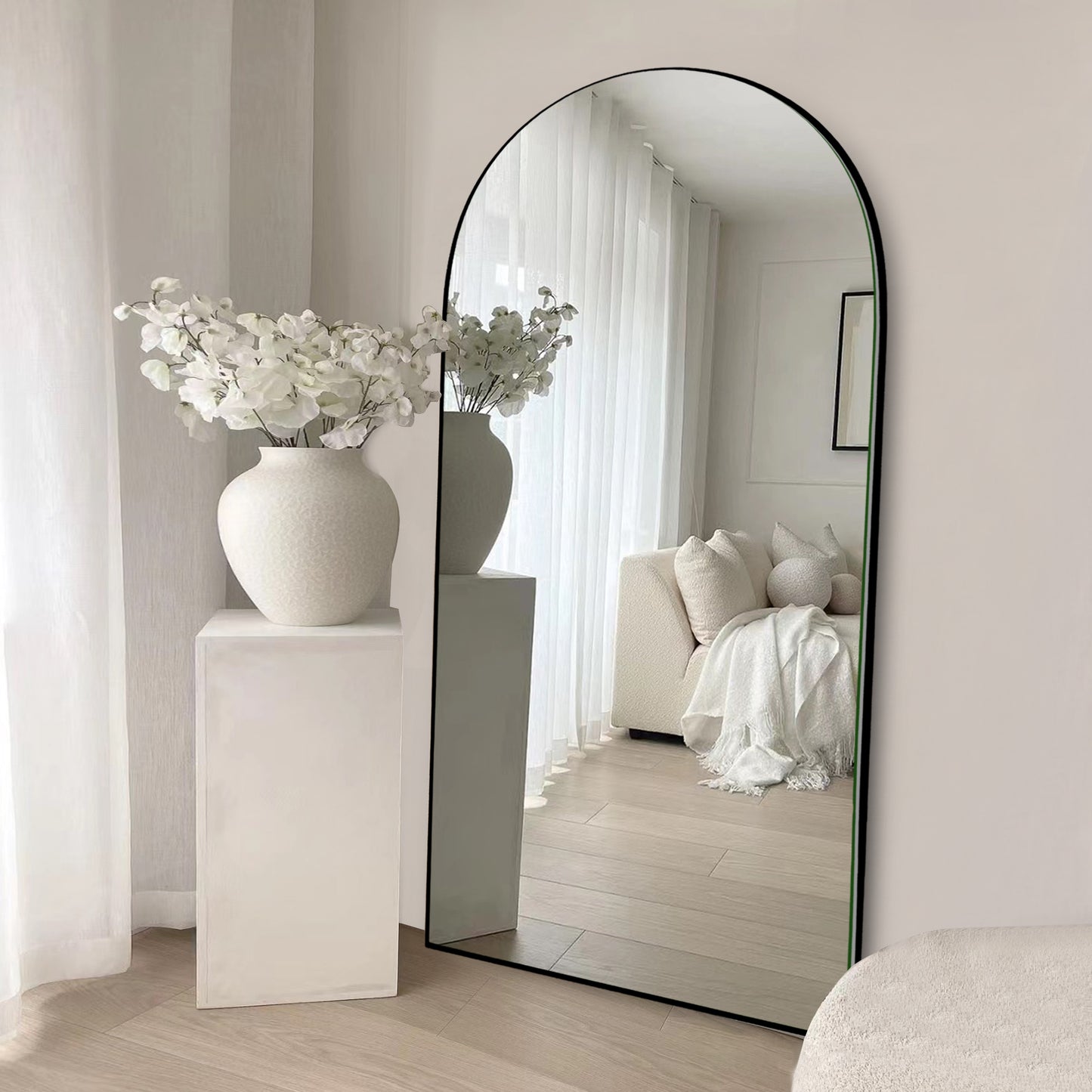 Wood Arched Full Length Mirror with Stand, Floor Mirror