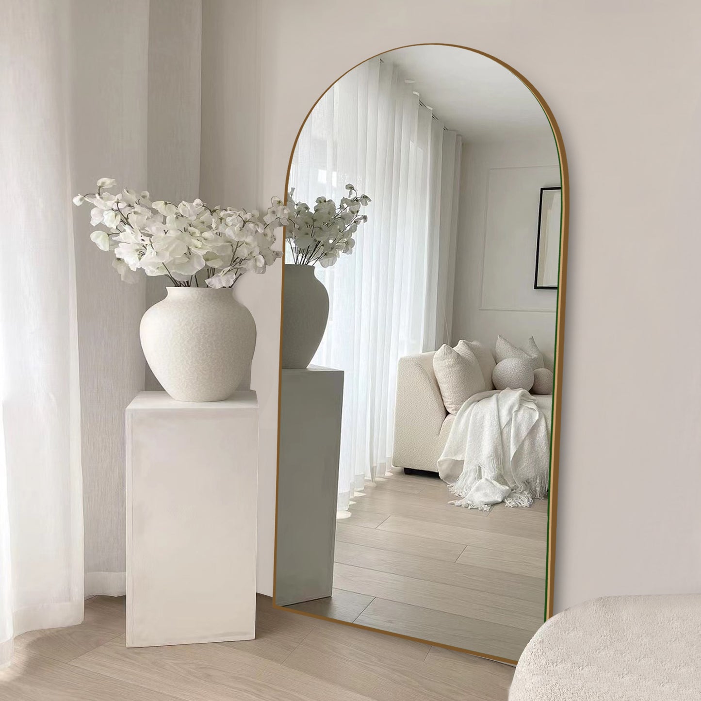 Wood Arched Full Length Mirror with Stand, Floor Mirror