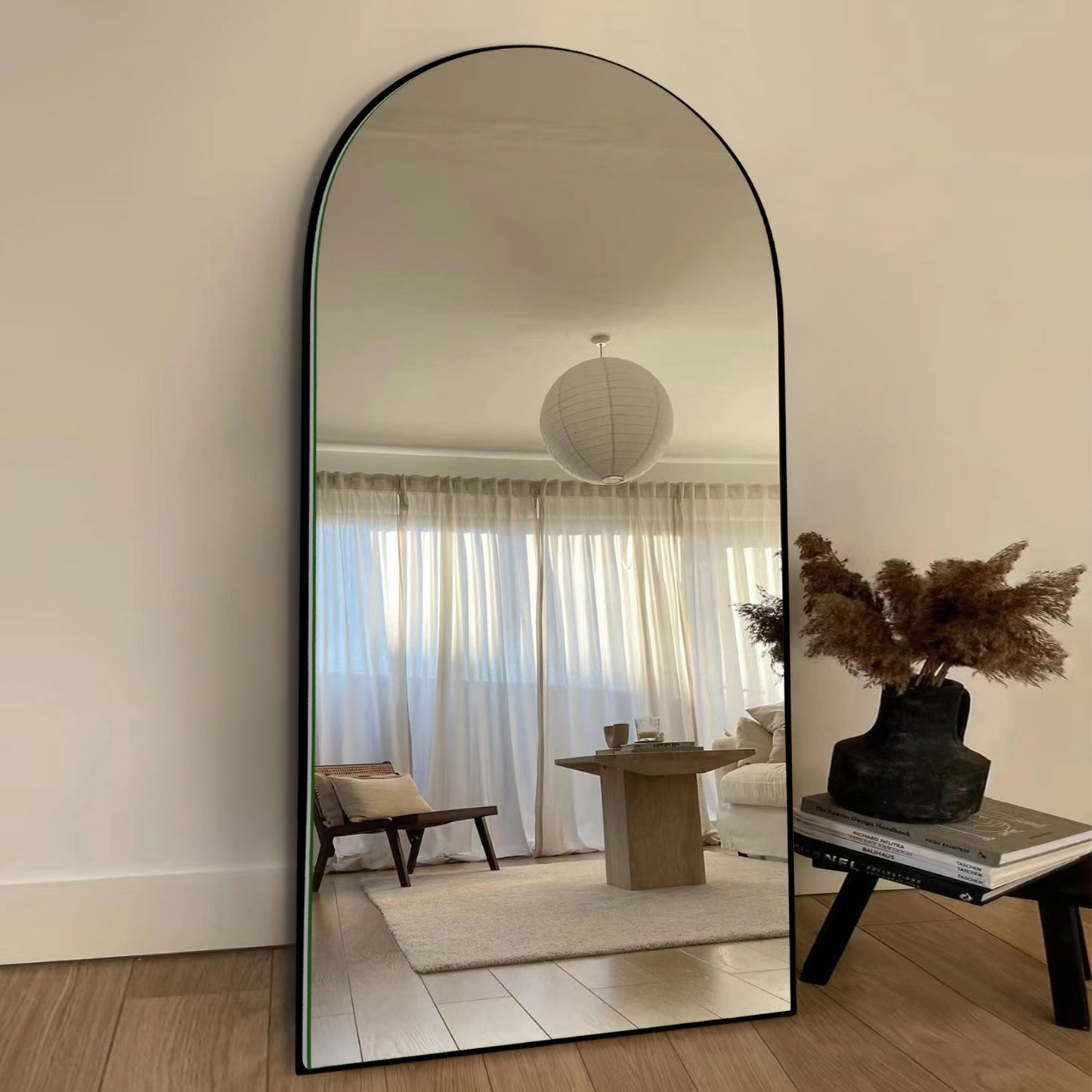 Wood Arched Full Length Mirror with Stand, Floor Mirror