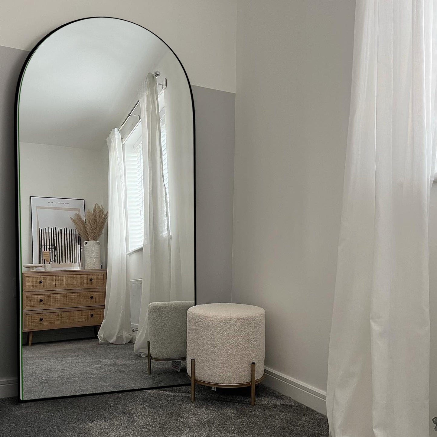 Wood Arched Full Length Mirror with Stand, Floor Mirror