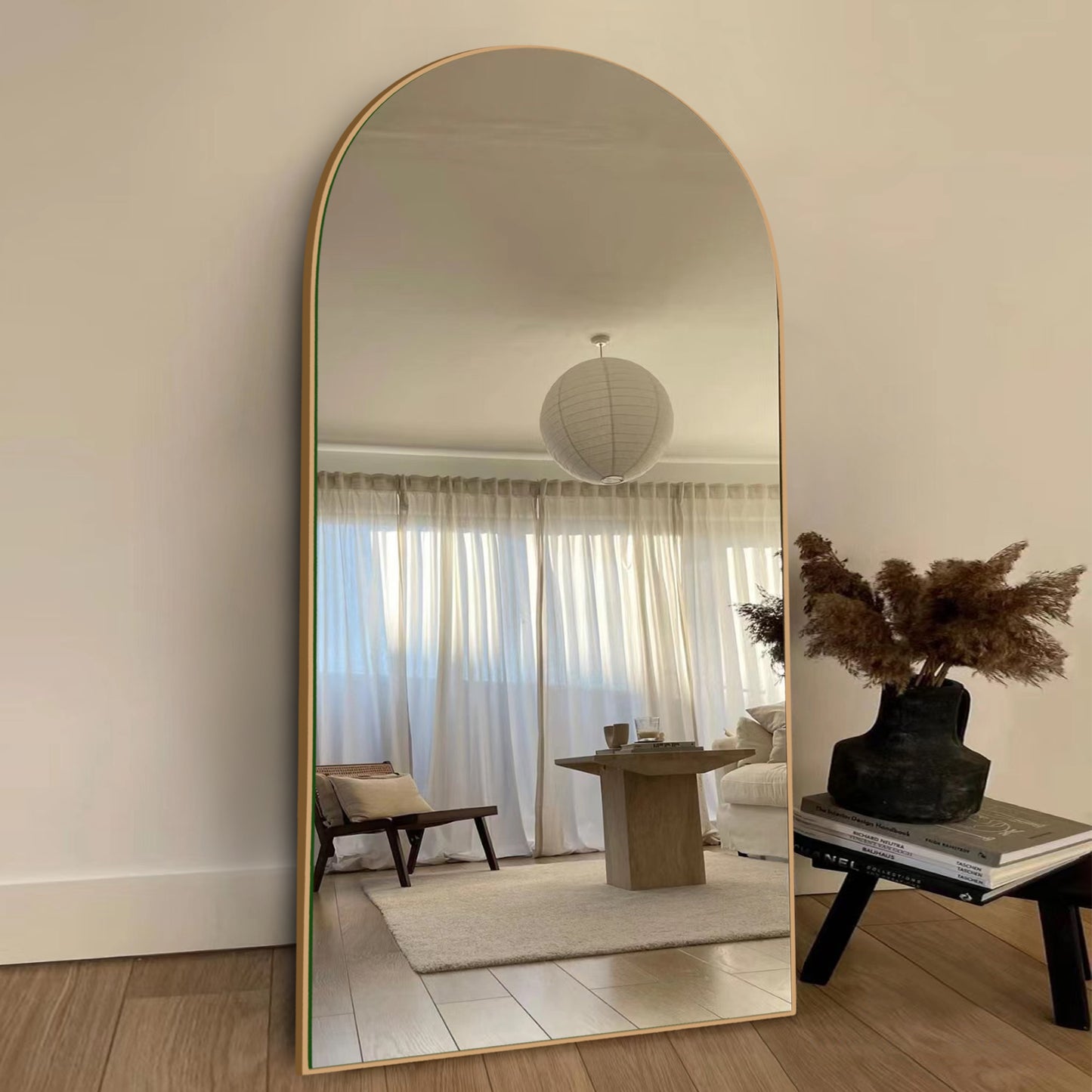 Wood Arched Full Length Mirror with Stand, Floor Mirror