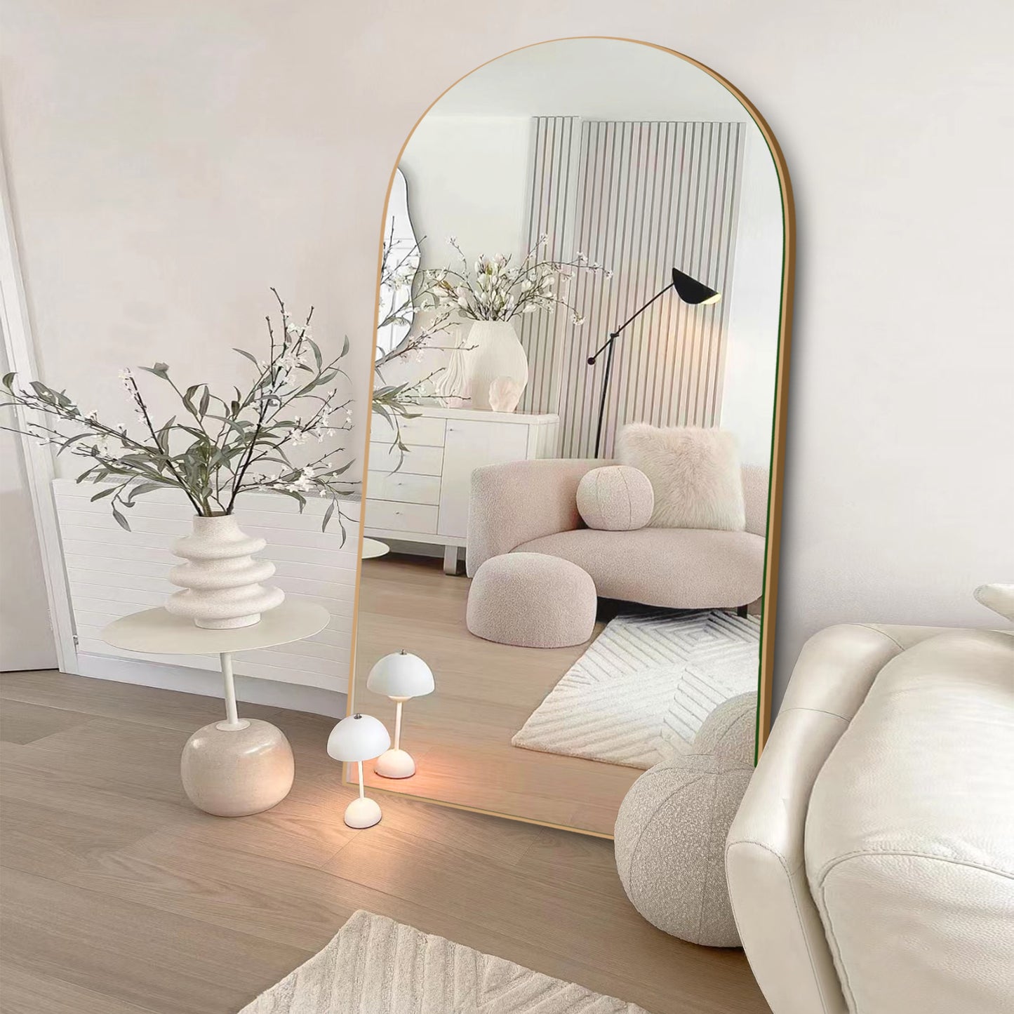 Wood Arched Full Length Mirror with Stand, Floor Mirror